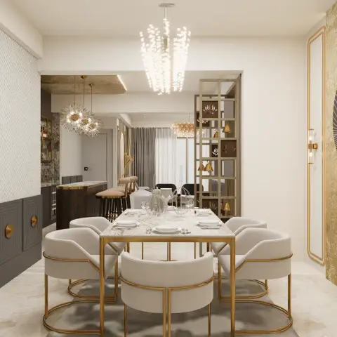 Render of a gold-and-cream dining room: a marble table on a brass frame with six curved cream chairs under a cascading glass chandelier