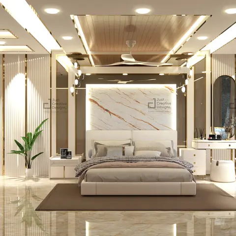 Render of a gold-trimmed master bedroom where an ivory upholstered bed sits under a back-lit book-matched marble headboard slab
