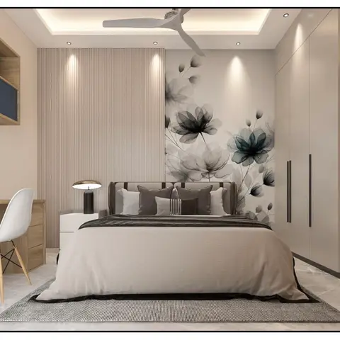 Render of a greige bedroom split between narrow fluted panelling and an oversized grey-and-teal floral mural behind the headboard