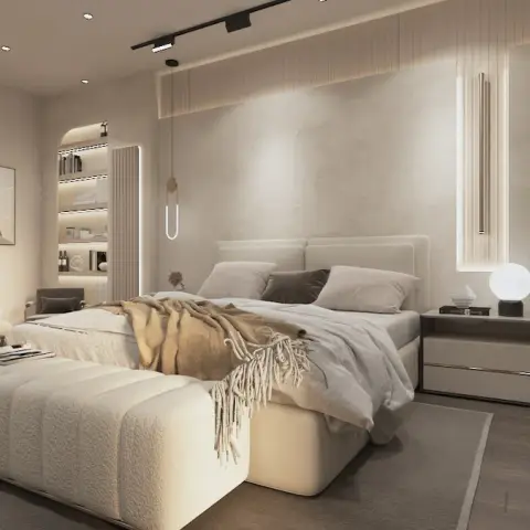 Render of a greige bedroom with a boucle channel bench across the bed foot, a slim capsule pendant beside the pillows
