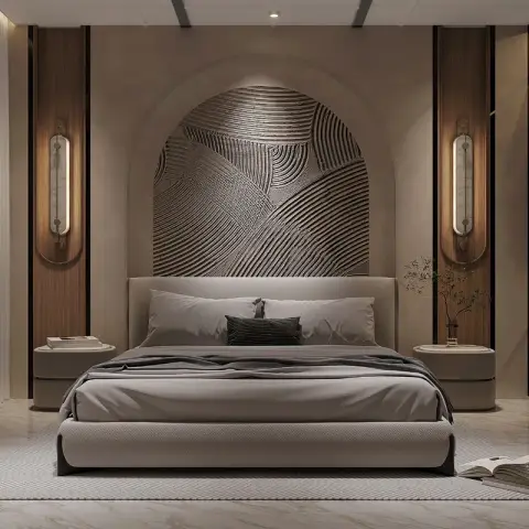 Render of a greige bedroom with an arched niche filled by a hand-worked swirling plaster relief behind the upholstered bed
