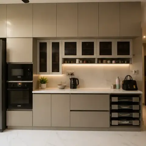 Render of a greige handleless kitchen with fluted-glass crockery cabinets over a lit open shelf