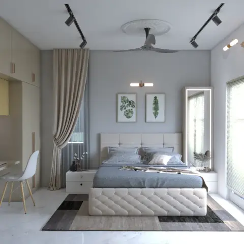 Render of a grey-and-beige bedroom with a button-tufted cream upholstered bed, a floor-standing backlit mirror beside venetian-blinded windows