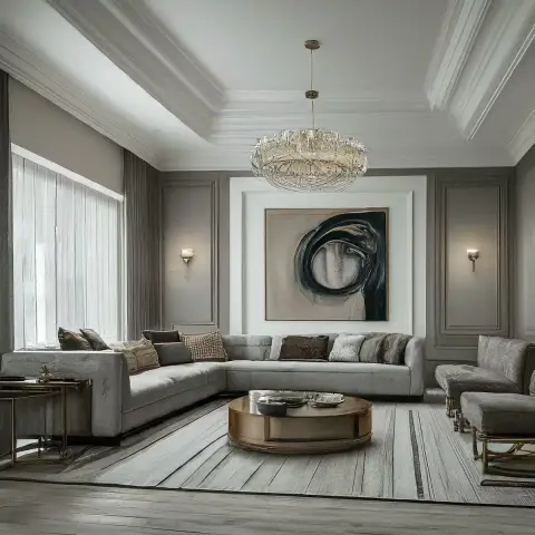 Render of a grey formal living room: an L-shaped pale grey sectional under a large dark swirl canvas set into a recessed white frame