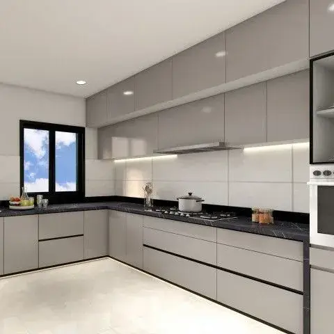 Render of a grey high-gloss L-kitchen with black G-profile grooves instead of handles, a black granite counter