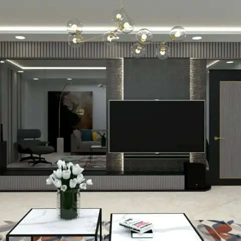 Render of a grey living room where a floor-to-ceiling mirror panel beside the textured black TV wall doubles the space