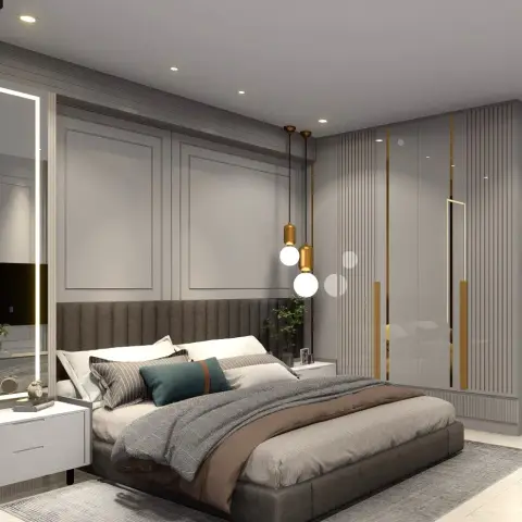 Render of a grey moulded-panel headboard wall with gold globe pendant lights, facing a vertical fluted wardrobe wall trimmed in brass