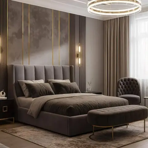Render of a grey-velvet bedroom - channel-tufted headboard against mottled wall panels split by thin brass inlay strips