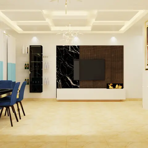Render of a hall where the TV wall splits into black-marble slab and dark fluted wood over a white ledge with a decorative flame strip