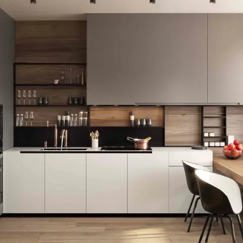 Render of a handleless grey modular kitchen with a walnut open-shelf backsplash, a black countertop cooking zone, an integrated wall oven and coffee machine