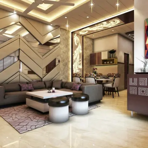 Render of a heavily layered living room: a brown L-sofa against a chevron-stepped 3D panel wall with mirror inserts
