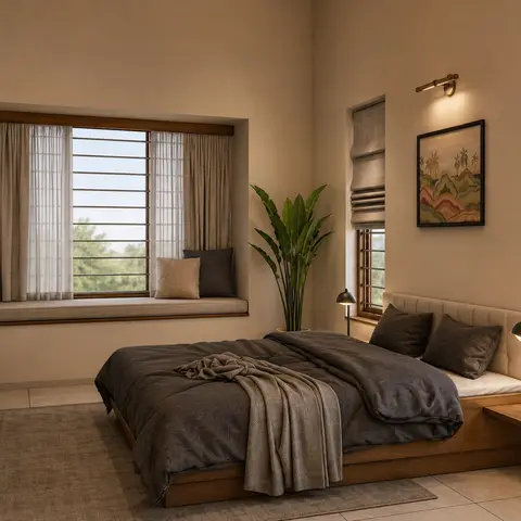 Render of a high-ceilinged master bedroom with a built-in window seat, a low wood-platform bed with charcoal linens, and warm earthy tones throughout.