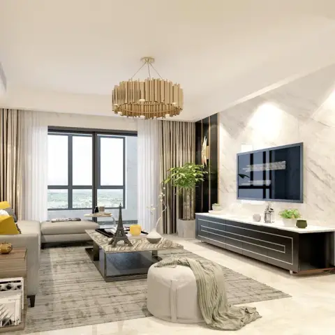 Render of a high-rise living room with a white marble TV wall meeting a black-and-brass fluted panel