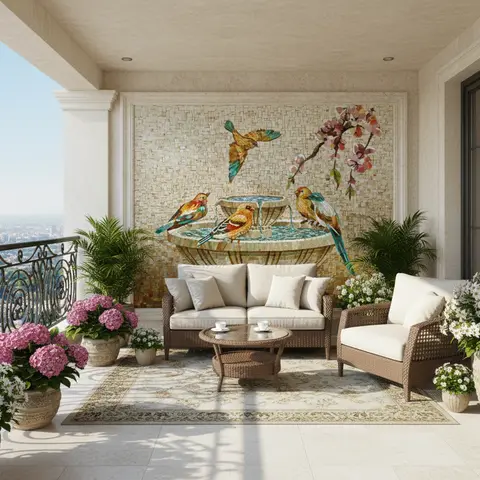 Render of a home balcony with a custom mosaic mural of birds and a fountain, a wicker sofa and armchair around a round coffee table on a patterned rug