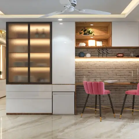 Render of a home bar corner where a fluted-glass crockery unit meets a whitewashed brick wall carrying an LED-lit wooden ledge counter
