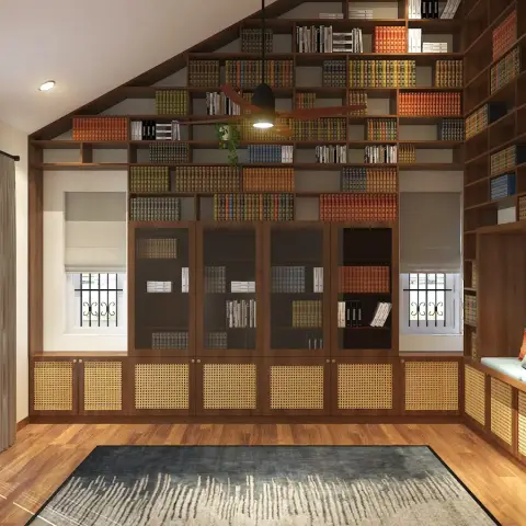 Render of a home library filling a gable wall: teak grid shelving stepped up under the roof slope, glass-shutter cabinets at eye level, cane-webbed base units
