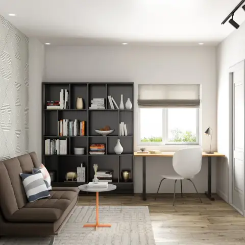 Render of a home study where a black grid bookcase runs into an oak plank desk under the window