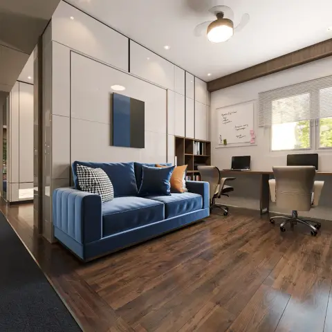 Render of a home study where a two-person desk runs along the window with task chairs and a whiteboard