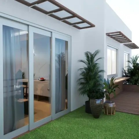 Render of a home terrace laid with artificial turf, potted areca palms and a raised WPC deck strip along the parapet