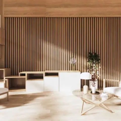 Render of a japandi living room: a full-height oak slat wall behind a white-and-oak low sideboard, a stepped cube shelf climbing the corner