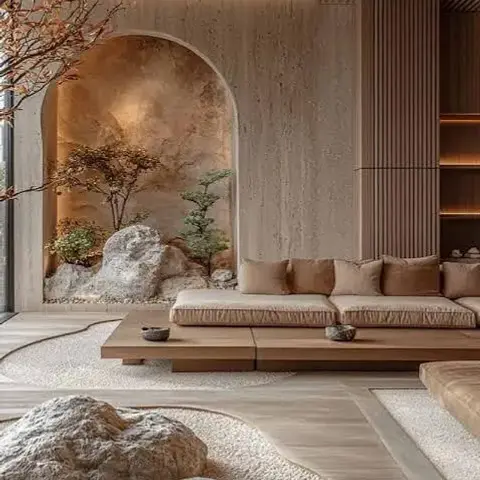 Render of a japandi-style living room with a travertine-clad arched niche housing an indoor rock garden, a wood-slat ceiling, and a built-in platform sofa.