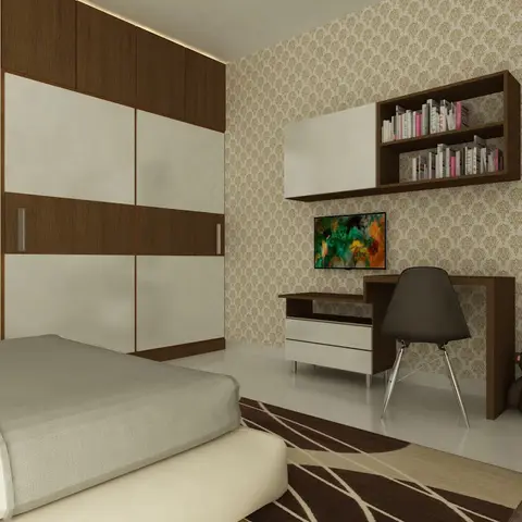 Render of a kid's bedroom with a wood-and-white sliding-door wardrobe, a damask-patterned wallpaper accent wall