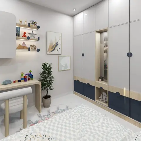 Render of a kids' bedroom with a floor-to-ceiling white and navy wardrobe with an open mirror niche, a floating wood study desk with a task lamp