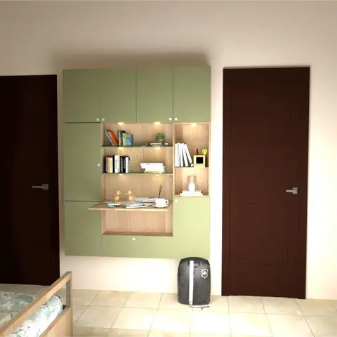 Render of a kids' bedroom with a green-and-wood built-in study unit and open bookshelf flanked by two dark wood doors, next to a bunk bed with storage steps.