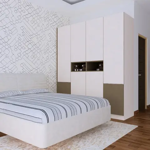 Render of a kids' bedroom with a two-tone wardrobe, teddy bears styled on the nightstand and a wardrobe niche, and geometric patterned wallpaper behind the bed.