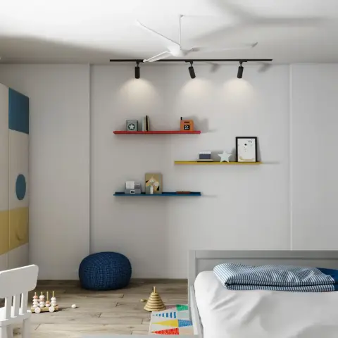 Render of a kids' bedroom with a lego-block pattern wardrobe, colour-blocked floating shelves styled with toys
