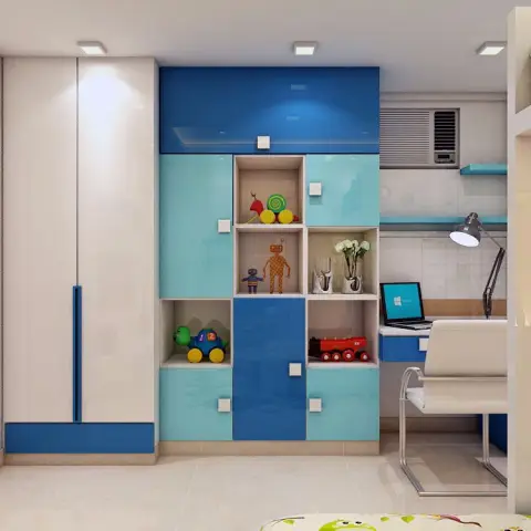 Render of a kids' bedroom with a two-tone blue and white glossy wardrobe, open toy-display cubbies, and a built-in study desk