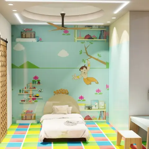 Render of a kids' bedroom with a Chhota Bheem cartoon mural wall, a round tufted headboard bed, a colourful interlocking foam-tile floor