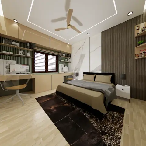 Render of a kids' bedroom with jungle-animal mural wallpaper, a built-in study desk with overhead open shelving, and a hexagonal cove-lit ceiling over the bed.