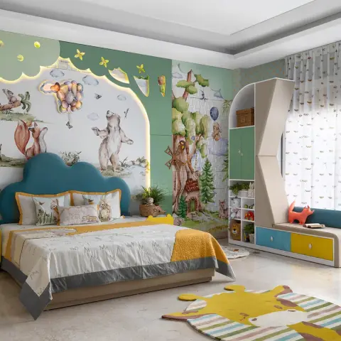 Render of a kids' bedroom with a backlit cloud-shaped headboard, a hand-painted forest-animal mural wall