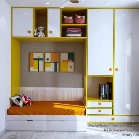 Render of a kids' bedroom with a mustard-yellow storage daybed, a matching yellow-and-white built-in wardrobe and open shelving
