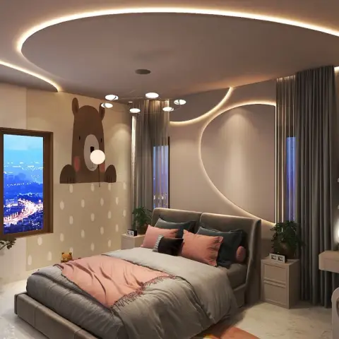 Render of a kids' bedroom with a dramatic curved cove-lit ceiling, a bear wall decal on polka-dot wallpaper, a city-view window, and a built-in study desk.