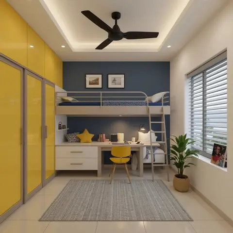 Render of a kids' room with a yellow glossy wardrobe, a navy accent wall, and a loft bed with ladder over a built-in study desk with a yellow accent chair.