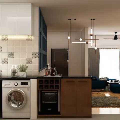 Render of a kitchen-utility run where cream square tiles scattered with Moroccan-pattern inserts sit over a black granite counter holding a washing machine