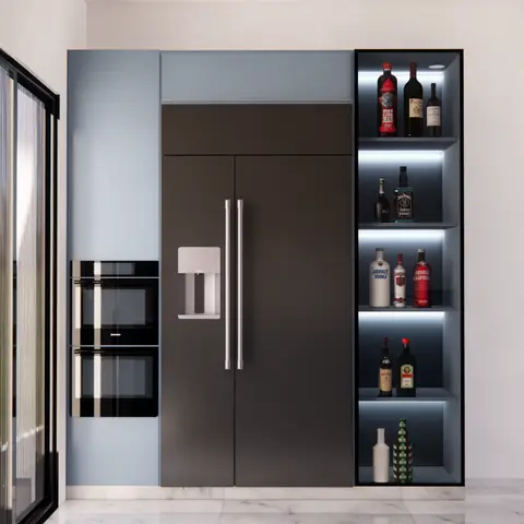 Render of a kitchen wall with a built-in dark fridge-freezer, stacked built-in ovens and a backlit glass-shelf bar display styled with spirits bottles.