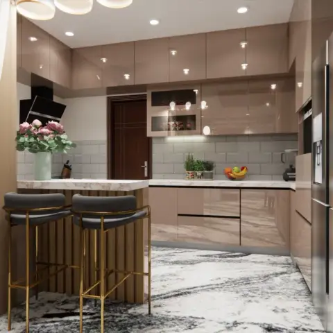 Render of a kitchen with a fluted breakfast peninsula and two gold-framed bar stools in the foreground, high-gloss blush-taupe shutters