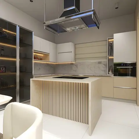 Render of a kitchen with a fluted-wood-and-marble island under a statement chimney hood, a glass-fronted crockery display cabinet, and a marble slab backsplash.