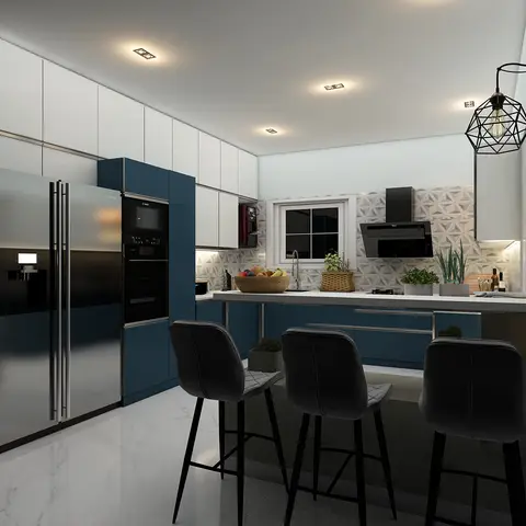 Render of a kitchen with an island bar seating three, navy-blue and white gloss cabinetry, a 3D geometric tile backsplash