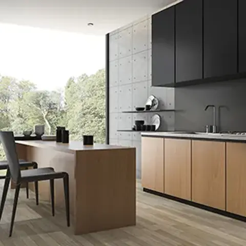 Render of a kitchen with matte black and wood two-tone cabinetry, a marble waterfall island, a board-formed concrete accent wall