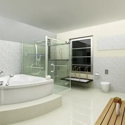 Render of a large bathroom with a corner tub raised on a stepped plinth, a framed glass shower cubicle with an etched motif panel