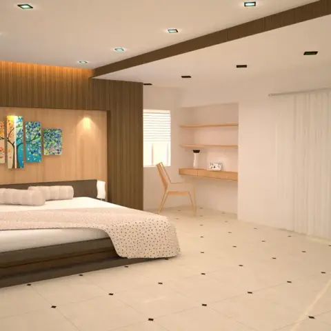 Render of a large bedroom with a low platform bed against a fluted wood back-panel