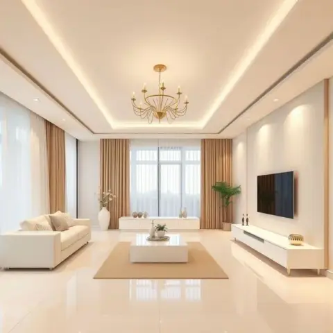 Render of a large cream living room with a low white sofa and a wall-hung TV console on slim legs, a gold candelabra chandelier under a stepped cove ceiling.