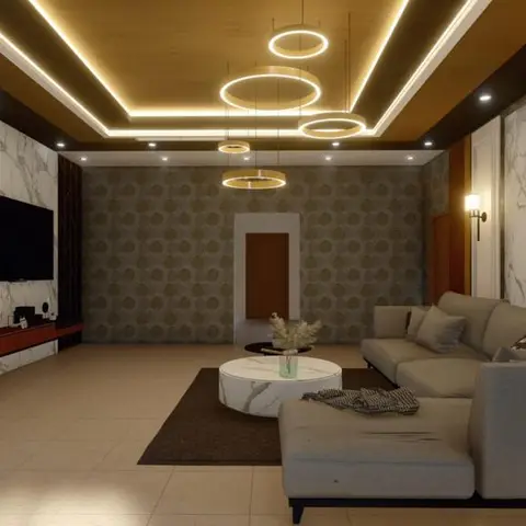 Render of a large living room with a marble-clad TV wall, patterned wallpaper on the back wall, multiple gold ring pendant lights