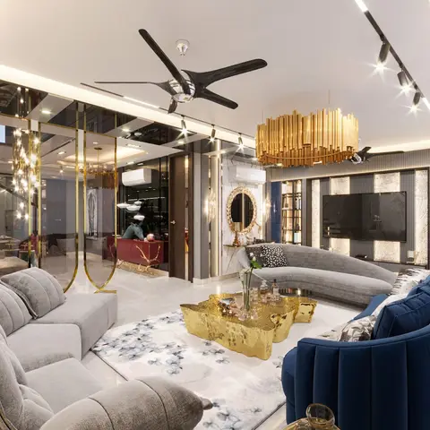 Render of a large living room arranged around a molten-gold sculptural coffee table, with a curved navy velvet sofa facing a grey one