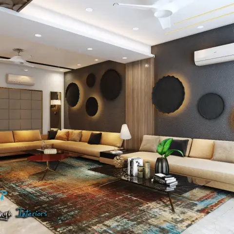 Render of a large living room with two sectional sofas facing a dark textured wall of backlit scalloped circular art discs