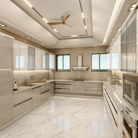 Render of a large U-shaped kitchen with champagne-gloss cabinetry, a full-height glass wine and glassware display cabinet, a built-in oven tower